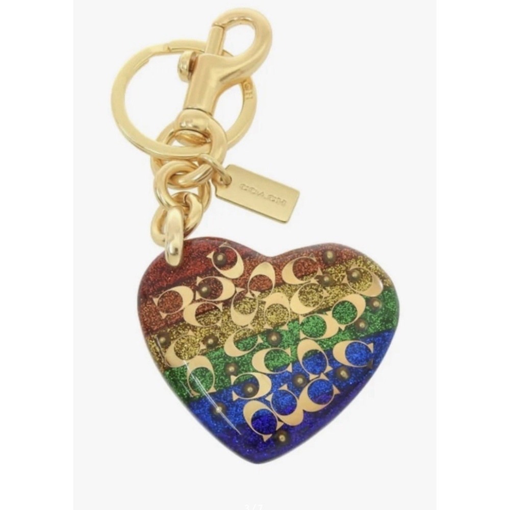 Coach Sprinkle Signature Heart Bag Charm Rainbow Pride Glitter Keychain NEW HTF!